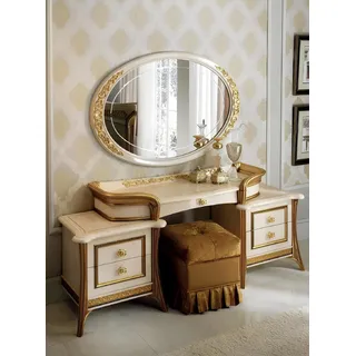 Schminktisch Tisch Schlafzimmer Hocker Spiegel Jugend Antik Stil Holz Garnitur - Beige