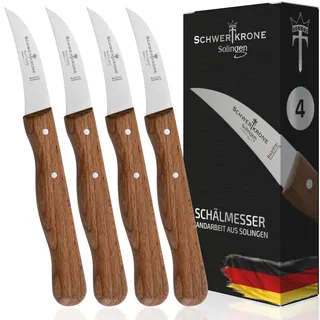 SCHWERTKRONE® Schälmesser gebogen Premium 4er Set [MADE IN SOLINGEN - GERMANY] - Gemüsemesser Obstmesser - Küchenmesser klein scharf - Schneidemesser Kartoffelschälmesser - Allzweckmesser (4x 15,5 cm)