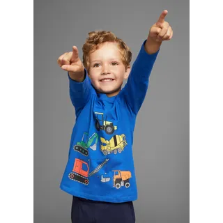 Langarmshirt KIDSWORLD "Bagger", Jungen, Gr. 104/110, blau, Single Jersey, Obermaterial: 100% Baumwolle, bedruckt, Basic, Rundhals, Shirts Langarmshirt, Baufahrzeuge für kleine Jungs, Topseller