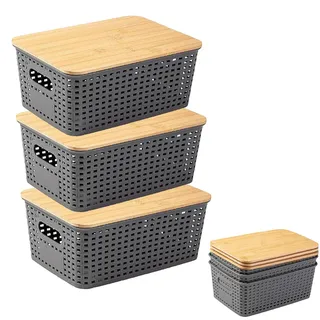 3 Stück Aufbewahrungsbox Mit Bambus Deckel,5L Kunststoff Bad Organizer Klein Aufbewahrungskorb Mit Griff,Stapelbar Kisten Aufbewahrung Mit Deckel Für Küche Badezimmer Schlafzimmer Balkon Regale(Grau)