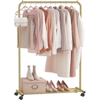 SONGMICS Kleiderständer, Kleiderstange auf Rollen, Garderobenständer Metall, Rollgarderobe 91 cm breit, mit Ablage, 2 Rollen mit Bremse, Stange bis 40 kg belastbar, goldfarben HSR025A01