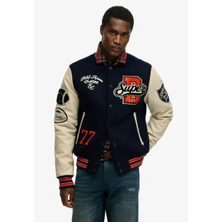 Collegejacke SUPERDRY "COLLEGE PATCHED VARSITY JKT", Herren, Gr. S, atlantic navy, oatmeal, Web, Obermaterial: 52% Wolle, 44% Polyester, 2% Polyacryl, 2% Viskose, bedruckt, relaxed fit normal, hoch geschlossener Ausschnitt, Jacken Collegejacke