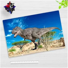 Bild von Schreibtischunterlage für Kinder und Erwachsene Hungriger T-Rex auf der Suche nach Beute, aus hochwertigem Vinyl , 60 x 40 cm