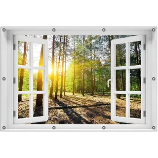 Wallario Outdoor-Poster für Garten oder Balkon 100 x 150 cm: Sonnenstrahlen tief hinter dem Wald - Schwarz