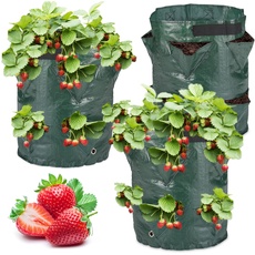 Relaxdays Pflanzsack 3er Set, Erdbeerpflanzgefäße, mit Bodenlöchern, 2 Henkel, Kunststoff, HxD: 44 x 33 cm, dunkelgrün