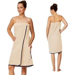 Sowel® Saunakilt Damen, 100% Bio-Baumwolle, Saunahandtuch mit Klettverschluss und Gummizug, Saunatuch Knielang, 80 x 130 cm, Sand/Navy