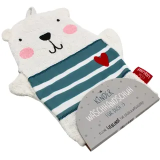 Dekohelden24 Waschhandschuh/Waschlappen/Kinder-Waschhandschuh mit Schlaufe, Motiv: Bär, 100% Baumwolle, Größe H/B ca. 24 x 19 cm