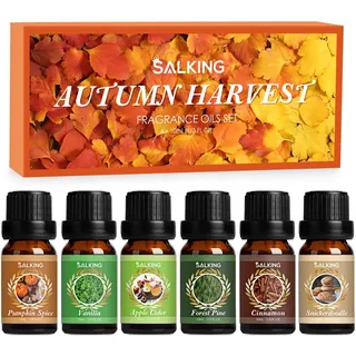 SALKING Herbst Ätherische Öle Set, 6x10mL Duftöl GeschenkSet Aroma Therapie | Aromatherapie für Diffuser,Luftbefeuchter,Duftlampe Kürbisgewürz, Vanille, Waldkiefer, Apfelwein, Zimt, Zimtkekse