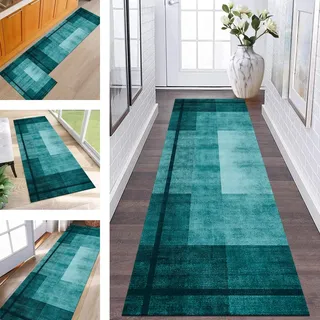 ZESEWU Abstrakte Läufer Flur Küche Waschbar rutschfest Korridor Teppichmatten 70X250CM Cyan Lang Küchenteppich Flurteppich Läufer Schlafzimmer Esszimmer Polyester Teppichläufer Meterware Anpassbar