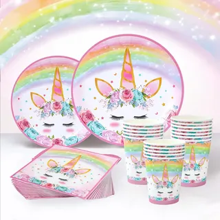 96 Stück Einhorn Partygeschirr Set - Einhorn Deko Kindergeburtstag Inklusive Pappteller, Servietten, Becher, Perfekt für Unicorn Pappteller Einschulung Mädchen Geburtstag Party Deko Set(24 Gäste)
