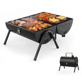 KOBEDAN Camping Grill Tischgrill Holzkohle und vielseitiger Holzkohlegrill mit 2in1 Funktion als Grill und Ofen inklusive Temperaturkontrolle und kaltem Holzgriff für Camping Outdoor und Garten