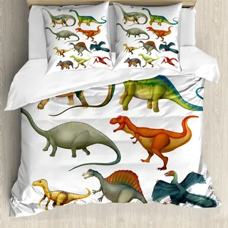 ABAKUHAUS Dinosaurier Bettbezug, Jurassic Zusammensetzung, Milbensicher Allergiker geeignet mit Kissenbezügen, 200 cm x 200 cm - 80 x 80 cm, Mehrfarbig