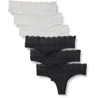 Amazon Essentials Damen Tanga, gepeachte Mikrofaser mit Spitzenbesatz, Schwarz/Weiß, Größe XL