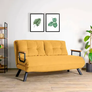 Dmora - 2-Sitzer SchlafsofaMerak, Verwandelbares Sofa, Lineare Stoffstruktur, Schlafsessel mit Stauraum, 133x78 h78 cm, Gelb