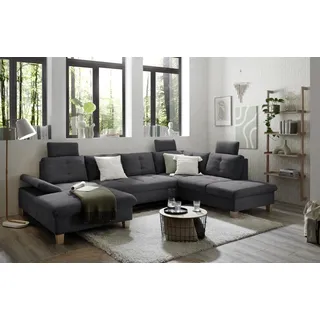 Wohnlandschaft Ascot mit Cord-Bezug und Schlaffunktion in Anthrazit, U-Form inkl. Kopfstützen, Bettkasten und Verstellbarer Armlehne - 324 x 107 x 218 cm (B/H/T)