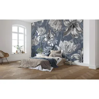 KOMAR Merian Blue 350 x 250 cm - 7 Bahnen, Bahnbreite 50 cm - Blumen, Blumenmotiv, Schlafzimmer, Tapete, Designtapete - X7-1041