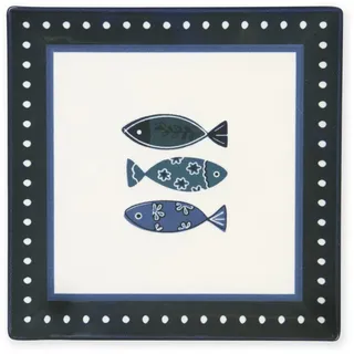 Excelsa Ocean Set mit 6 quadratischen Tellern aus Keramik, 18 x 18 cm, Dekoration Fische blau