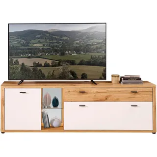 Stylife Tv-Element , Weiß, Eiche Wotan , Glas, Holzwerkstoff , 4 Fächer , 1 Schublade(n) Schubladen , 210x65x45 cm , Holzmöbel, Wohnwände Holz, Wohnwand Serien Holz