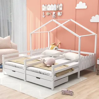 Merax Kinderbett 90x200cm/90x200cm mit Rausfallschutz und Lattenrost, Hausbett mit Schubladen, zwei Einzelbetten Doppelbett für 2 Kinder, Weiß - Weiß