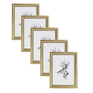 Woltu Bilderrahmen 13x18cm 5er Set Fotorahmen Holzrahmen mit Passepartout, zum vertikalen oder horizontalen Aufhängen/Aufstellen, Posterrahmen Collage Wanddeko, Gold