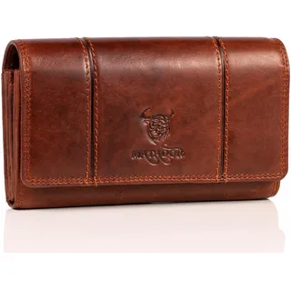 MATADOR XL Karten Portemonnaie Geldbeutel Damen Leder Groß #BRÜGGE mit Geschenk Box, Portmonee Geldbörse Damen Gross mit RFID Blocker, Geldtasche Brieftasche, Damenportemonnaie Vintage Braun