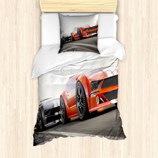 ABAKUHAUS Autos Bettbezug Set, Sportwagen Konkurrieren Auf Highway One Jagen Einen Anderen Team Champion Gewinn Bild, 135 x 200 cm + 80 x 80 cm, Grau Rot