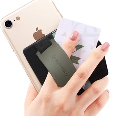 Sinjimoru Handy Fingerhalter und Handy Ständer mit Silikonband, Handy Halter für Finger mit Kartenfach, Fingerhalterung Handy für iPhone & Android. Sinji Pouch B-Grip Silikon Olive-Grau