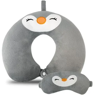 RAILONCH Reisekissen Kinder Nackenkissen,U-Geformte Nackenstützkissen, Niedliche Nackenhörnchen Kopfstütze, Baby Reise Schlafkissen mit Augenabdeckung (Pinguin)