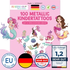 Papierdrachen 100 Metallic-Tattoos für Kinder - Hautfreundliche Kindertattoos Meerjungfrauen - Glitzer Tattoo - Geburtstagsmitgebsel - Für Jungen und Mädchen - in Deutschland hergestellt