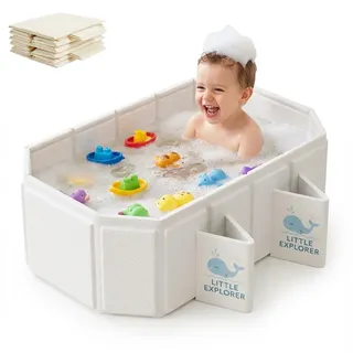 Babywanne Faltbar für Babys & Kleinkinder von 0–6 Jahren, Faltbare Babybadewanne für Bad & Dusche, Kinderbadewanne mit 4 Stabilen Standfüßen und Doppeltem Ablauf, Platzsparend & Tragbar, Off-White
