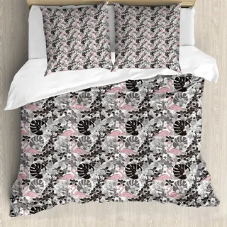 ABAKUHAUS Flamingo Bettbezug, Orchid Palm, Milbensicher Allergiker geeignet mit Kissenbezügen, 200 cm x 200 cm - 80 x 80 cm, Coral Schwarz Grau