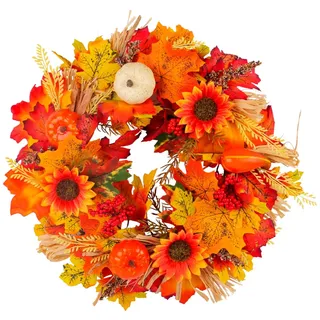 40cm Herbstkranz für Haustür, Kranz Herbst Ahornblatt Türkranz Außer mit Samt Kürbisse Tannenzapfen Beere Halloween Kranz für Erntedankfest Tür Fenster Außendekoration