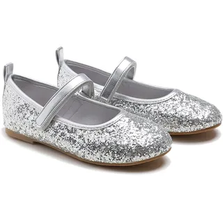 Feversole Girls Cute Dress, Mädchen süßes Kleid Mary Jane Schuhe weiche Party Urlaub Ballerinas Silber Funkeln Größe 35 EU