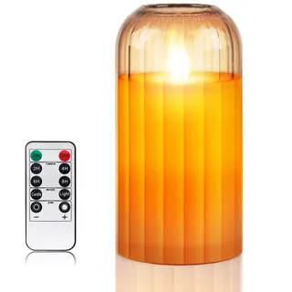PinnWaa Glas Led Kerzen mit Timerfunktion, Led Echtwachskerzen Flackernde Flamme mit Fernbedienung, Kerzen mit Batterie für Weihnachtsdeko, Zimmer Deko, Hochzeit und Party (H 12.5 x D 7.5 cm) - Orange