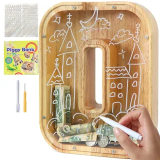 Lakpopya Spardose für Kinder Jungen Mädchen - Personalisiert Durchsichtig Mit Buchstabe Holz A-Z, Zielbereich, Aufkleber & Marker - Taufe Geschenk Dekoration (O)