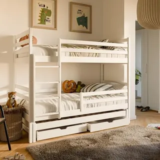 Hochbett 90x200 mit Ausziehbett Etagenbett Kinderbett mit Ausziehfunktion Zwei Schubladen Lattenrost Rausfallschutz umbaubar in DREI Einzelbetten, 4. bis 16. Lebensjahr Vollholz | weiß - Weiß