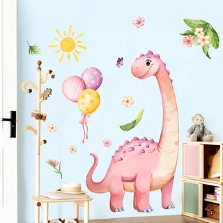 Supzone Wandtattoo Dinosaurier Große Rosa Wandaufkleber Dino Ballon Tropische Blumen Wandsticker Mädchenzimmer Abnehmbar Wanddekor für Kinderzimmer Babyzimmer Schlafzimmer Türen Wanddeko