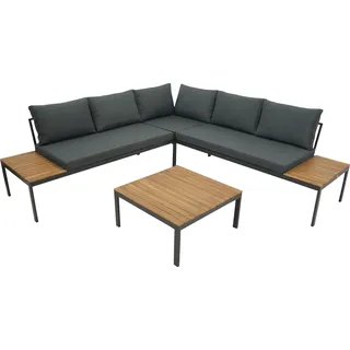 DEGAMO Lounge Set Gartenlounge Ecklounge RANGUN, Stahl anthrazit verzinkt+ Akazie geölt, mit Polstern grau - Braun, Grau
