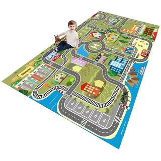 ZFHNYJWKL Kinder spielteppich Auto Jungen & Mädchen Teppich Straßenteppich Bauteppich Stadtstadt Lernbereich Teppich Pädagogischer Antirutsch für Kinderzimmer Grau Blau Grün(B,80X160CM)