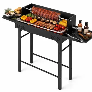 KOMFOTTEU Holzkohlegrill, Campinggrill mit höhenverstellbarem Grillrost, Drehspieß & 2 Ablagen, Grillwagen mit Windschutz & 2 Grillrosthebern, Outdoor BBQ Grill für Garten, Terrasse & Camping - Schwarz