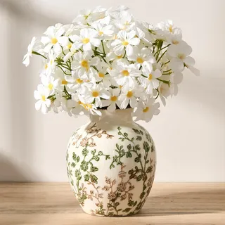 Grüne und Beige Antik Vase, 14,6 cm Chinoiserie Blumendesign, Rustikale Keramik Vase für Hausdekoration, Wohnzimmer, Bücherregal, Büro, Eingangsbereich, Grand Millennial Dekor, Chinoiserie Dekor