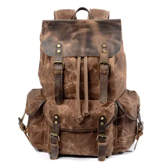 WUDON Leder-Rucksack für Herren, gewachstes Segeltuch, Schulterrucksack, Handgepäck-Reiserucksack, Kaffee, Large, Reiserucksäcke