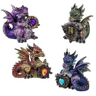 DRW Set mit 4 Drachen aus Kunstharz, handbemalt, 6 x 6 x 12 cm