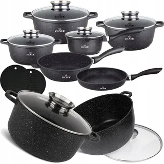 ZILNER 12-tlg Antihaftbeschichtet Kochtopfset Topfset Geschirrset Marmorbeschichtung, Induktion Topf-set ZL-8528 - Schwarz