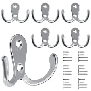 Bolatus 6 Stück Kleiderhaken, Haken Garderobe Doppelt Wandhaken Retro Haken Wand Metall Silber Kleiderhaken Vintage mit 24 Schrauben für Garderobenhaken Badezimmer Küche