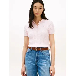 Poloshirt TOMMY HILFIGER "CO CABLE POLO-NK SS SWEATER", Damen, Gr. L (42/44), light pink, Single Jersey, Obermaterial: 100% Baumwolle, unifarben, regular fit hüftbedeckend, Rundhals, Shirts Poloshirt, mit Zopfmuster, Regular Fit