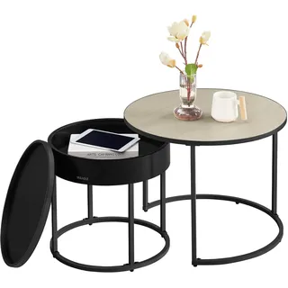 VASAGLE Couchtisch rund, 2er Set, Beistelltisch, Satztisch, modern, versteckter Stauraum, Tablett, für Wohnzimmer, Schlafzimmer, Balkon, naturbeige-tintenschwarz LCT044K67