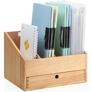 Holz Schreibtisch-Organizer mit 4 Fächern und Schublade - Dokumentenhalter und Briefablage für Büro und Zuhause