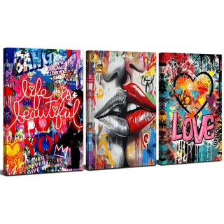 Banksy Bilder Leinwand Wandkunst Moderne Street Pop Art Graffiti Gemälde Wandkunst Romantisch Küssen Wand Kunstdruck Abstrakt Love Poster für Schlafzimmer Wandbilder Wohnzimmer Deko 30x40cm 3Pcs