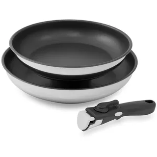 Kopf Pfannenset Pro Click, Edelstahl, Induktion, Antihaftbeschichtung, abnehmbarer Griff, 3-teilig , Silberfarben , Metall , Rund , Kochgeschirr, Pfannen